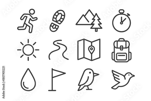 Trail Running Icons. Trail running. Solid icon set of Trail running: mountain path, forest tree, runner, rocks, slope, compass, hydration pack,