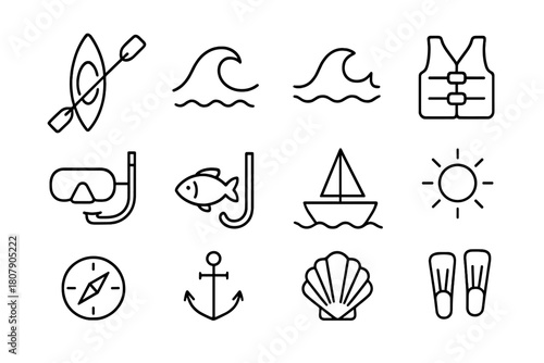 Water Adventure Icons. Water adventures. Line icon set of water adventures: kayak, paddle, wave, life jacket, snorkel, fish, boat, sun, compass, anchor, shell,