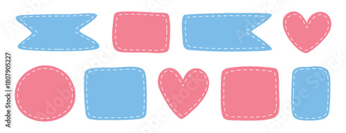 patches different shapes with dotted line set. Cute pastel templates, place for text or photo frames. Girl and boy birth frame. Decorative vector elements. Blue and pink dotted patches.