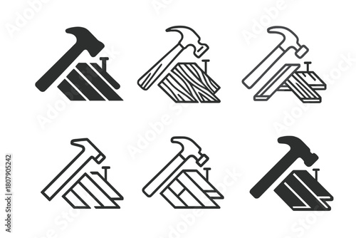 Wooden Floor Logos. Laying down wooden floorboards. Icon set. Set Logo of laying down wooden floorboards: staggered plank pattern. harmonious logo variations