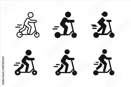 Scooter Logo Variations. Riding a scooter. Icon set. Set Logo of Riding a Scooter: scooter parked beside city street. harmonious logo variations of the same