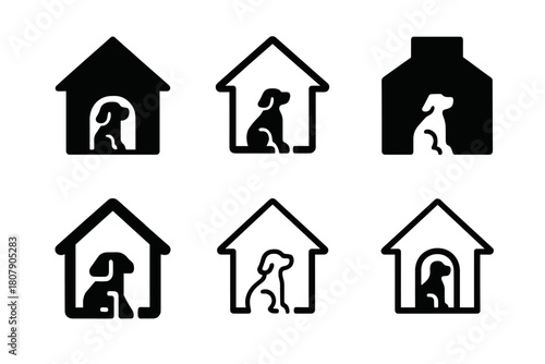 Pet-Friendly Home Logos. Pet-friendly home ideas. Icon set. Set Logo of pet-friendly home ideas: house silhouette with paw print inside. harmonious logo