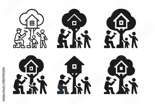 Backyard Play Logos. A Family Building a Treehouse or Playhouse in the Backyard. Icon set. Set Logo of Backyard Play: Treehouse Construction. harmonious logo