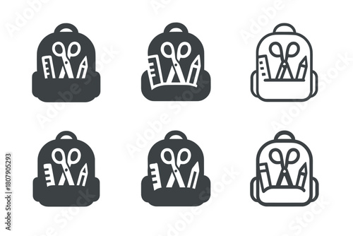 Backpack Icons Grid. Backpack with school supplies. Icon set. Set Logo of Backpack: Scissors. harmonious logo variations of the same emblematic concept