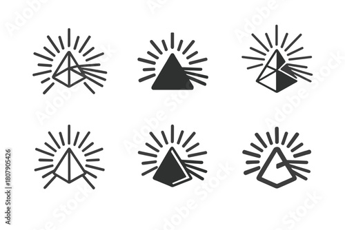 Prism Light Logos. Flash of brilliance. Icon set. Set Logo of flash of brilliance: prism scattering light beams in all directions. harmonious logo variations