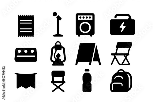 Street Stage Icons. Street Stage Setup. Solid icon set of Street Stage Setup: rug, mic stand, amp, battery pack, pedalboard, lantern, chalk sign, merch crate,