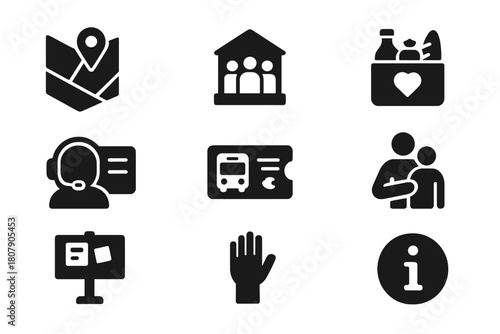 Community Resources Icons. Community and Resources. Solid icon set of Community and Resources: local map, community center, library card, food pantry box,