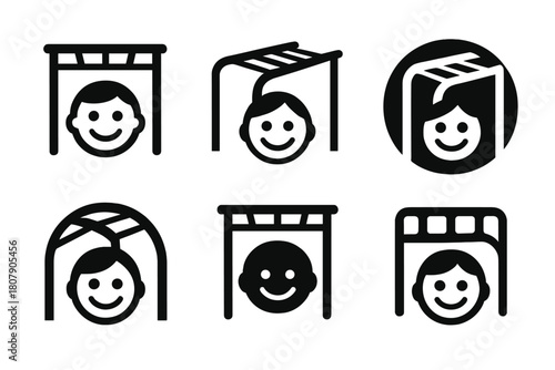 Playground Joy Logos. Monkey bars. Icon set. Set Logo of childhood joy: smiling face under playground bars. harmonious logo variations of the same emblematic