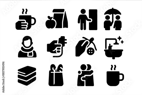Everyday Gesture Icons. Everyday Gestures. Solid icon set of Everyday Gestures: morning coffee, packed lunch, door held, umbrella share, warm scarf, charging
