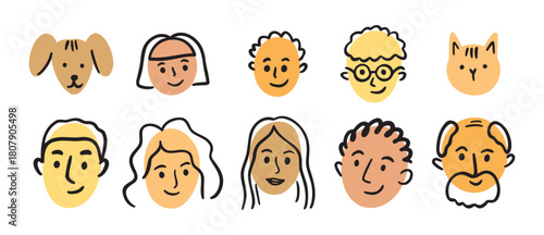 Family face portrait doodle avatar set. hand drawn woman, man, boy, girl, teenager face head portrait, grandmother grandfather. old and young people