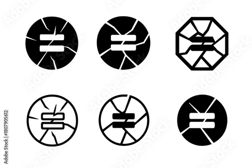Diverse Unity Icons. Breaking stereotypes. Icon set. Set Logo of Breaking stereotypes: cracked glass with equality sign. harmonious logo variations of the same
