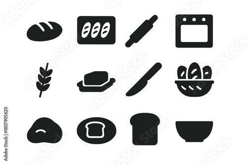 Home Bakery Icons. Home bakery. Solid icon set of home bakery: loaf, tray, rolling pin, oven, wheat stalk, butter, knife, basket, dough, plate, slice, bowl.
