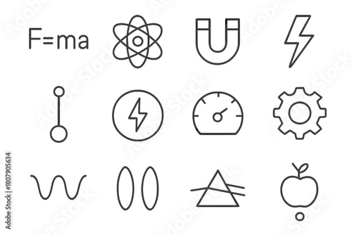 Physics Icon Grid. Physics formulas. Line icon set of physics formulas: F=ma, atom orbit, magnet, lightning bolt, pendulum, energy symbol, speedometer, gear,