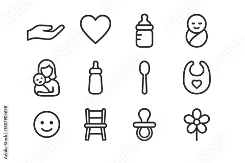 Caregiving Icons Set. Caregiving Moments. Line icon set of Caregiving Moments: hand, heart, baby, mother, bottle, spoon, bib, smile, chair, pacifier, milk
