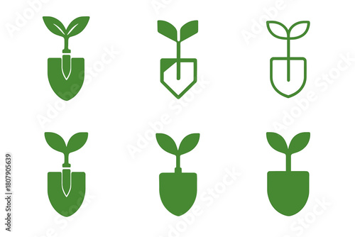 Organic Gardening Logos. Organic gardening. Icon set. Set Logo of Organic gardening: sprouting seed in soil. harmonious logo variations of the same emblematic