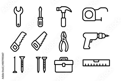 DIY Tool Icon Set. DIY tools. Line icon set of DIY tools: hammer, screwdriver, wrench, pliers, saw, drill, tape measure, nails, bolts, level, utility knife,