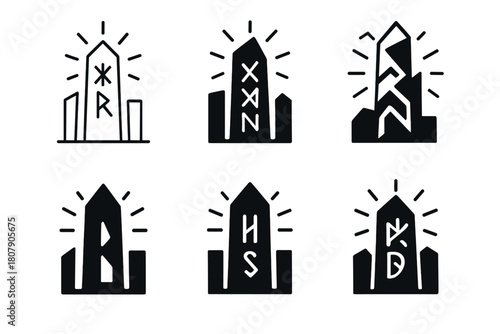 Urban Magic Logos. Fantasy and mythology in modern settings. Icon set. Set Logo of urban magic: glowing skyscraper with runes. harmonious logo variations of