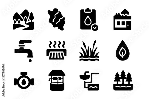 Sustainable Water Icons. Sustainable water management. Solid icon set of Sustainable water management: watershed protection, aquifer map, water quality test,