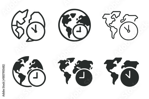 Time Zone Icons. Time zone awareness tools. Icon set. Set Logo of Time zone awareness tools: Calendar with global time. harmonious logo variations of the same