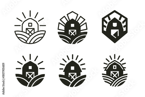 Farmhouse Logo Variations. Family farm life and traditional agricultural practices. Icon set. Set Logo of farmhouse: barn with sunrise behind. harmonious logo