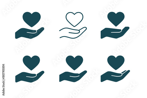 Healthy Aging Icons. Healthy aging. Icon set. Set Logo of healthy aging: heart and leaf. harmonious logo variations of the same emblematic concept, each with