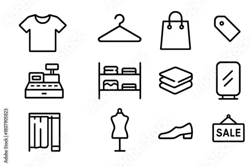 Apparel Store Icons. Apparel store. Line icon set of apparel store: T-shirt, hanger, shopping bag, tag, cash register, shelf, folded clothes, mirror, fitting