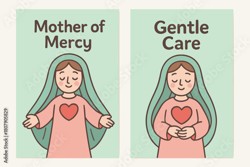 Gentle Care Banners. Mother of Mercy. Two vertical A6 banners with safe margins, centered composition, no elements touching edges, cartoon, pastel mint and