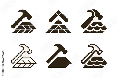 Roofing Icon Set. Replacing roofing shingles. Icon set. Set Logo of Roofing: Hammer. harmonious logo variations of the same emblematic concept (Flat solid,