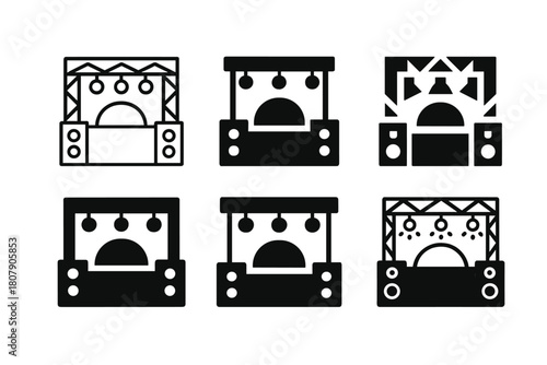 Summer Festival Logo Set. Summer music festival themes and decor. Icon set. Set Logo of Summer music festival themes and decor: stage with speakers and lights.