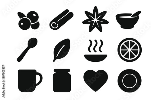 Festive Flavor Icons. Festive flavors. Solid icon set of festive flavors: cranberry, cinnamon stick, star anise, sauce bowl, spoon, leaf, steam, orange slice,