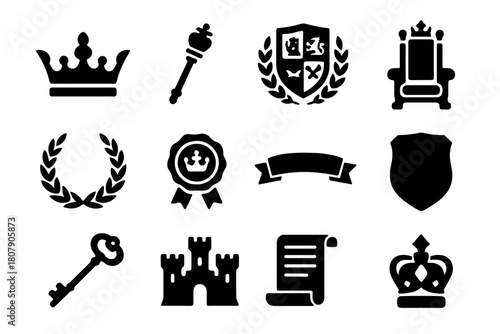 Royal Symbol Icons. Royal symbols. Solid icon set of Royal symbols: crown, scepter, coat of arms, throne, laurel wreath, royal seal, ribbon banner, crest