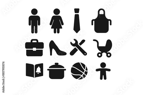 Societal Icons Grid. Societal Expectations. Solid icon set of Societal Expectations: man, woman, tie, apron, briefcase, high heel, tools, baby stroller, school