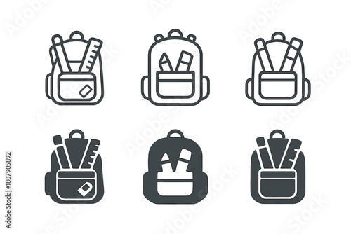 Backpack Logos Grid. Backpack with school supplies. Icon set. Set Logo of Backpack: Eraser. harmonious logo variations of the same emblematic concept (Stylized