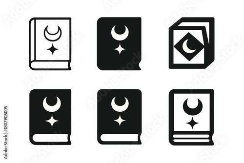 Occult Logo Variations. Occult Books. Icon set. Set Logo of Occult Knowledge: Ancient Grimoire. harmonious logo variations of the same emblematic concept, each