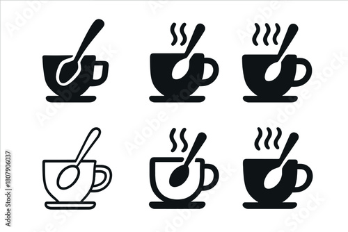 Spoon Stirring Icons. Preparing a warm drink. Icon set. Set Logo of Spoon: Stirring beverage. Abstract geometric, Filled silhouette, Flat solid, Minimal