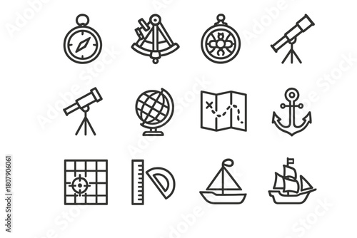 Outline Navigational Icons. Navigational tools. Line icon set of navigational tools: compass, sextant, astrolabe, telescope, globe, map, chart,