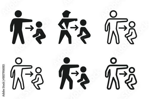 Fitness Logo Variations. A personal trainer demonstrating a workout move for a client. Icon set. Set Logo of fitness training: trainer guiding client posture.