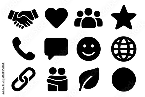 Connection Icon Set. Connection. Solid icon set of connection: handshake, heart, people group, star, phone, message, smile, globe, chain link, hug, leaf,