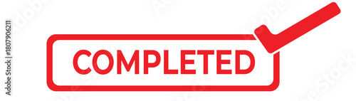 completed red checkmark label icon isolated on white – finished task confirmation badge