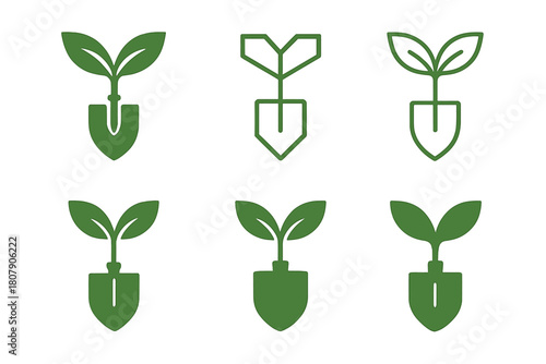 Organic Gardening Logos. Organic gardening. Icon set. Set Logo of Organic gardening: sprouting seed in soil. harmonious logo variations of the same emblematic