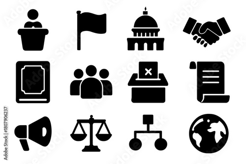 Political Icons Set. Political leadership. Solid icon set of Political leadership: leader podium, crowd, election vote, flag bearer, handshake, microphone,