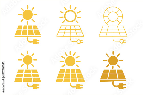 Solar Plant Logos. Solar power plants. Icon set. Set Logo of solar power plants: solar grid connection. harmonious logo variations of the same emblematic
