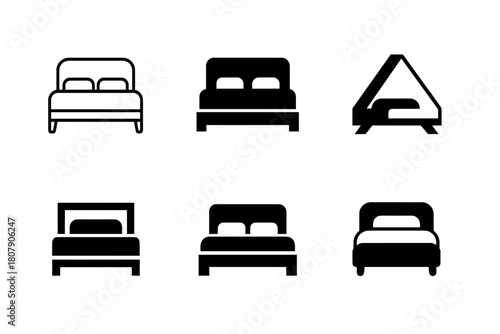 Stylish Bedroom Logos. Upgrading your bedroom with stylish decor. Icon set. Set Logo of upgrading your bedroom with stylish decor: modern bed frame. harmonious