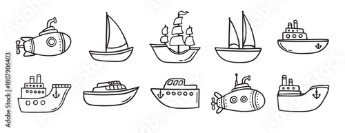 cute ship doodle hand drawn icon set. Outline drawing ships line clipart symbol collection