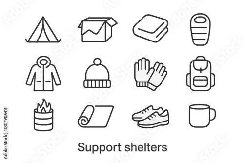 Support Shelter Icons. Support shelters. Line icon set of support shelters: tent, cardboard shelter, blanket, sleeping bag, coat, hat, gloves, backpack, fire