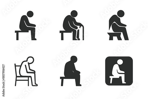 Elderly Solitude Icons. Loneliness in old age. Icon set. Set Logo of Elderly Person: Silhouette sitting alone. Stylized detail, Iconic shape, Minimal outline,