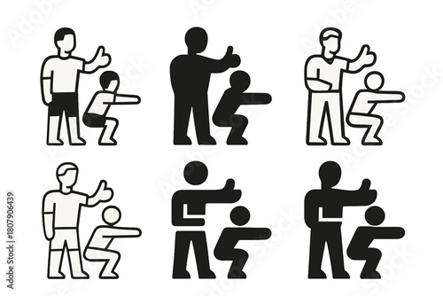 Motivational Trainer Logos. A personal trainer demonstrating a workout move for a client. Icon set. Set Logo of motivation: trainer giving thumbs up.