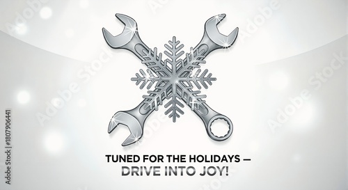 Crossed metallic wrenches and snowflake emblem for automotive holiday service. Winter car repair and Christmas tune-up promotion. Mechanic special offer