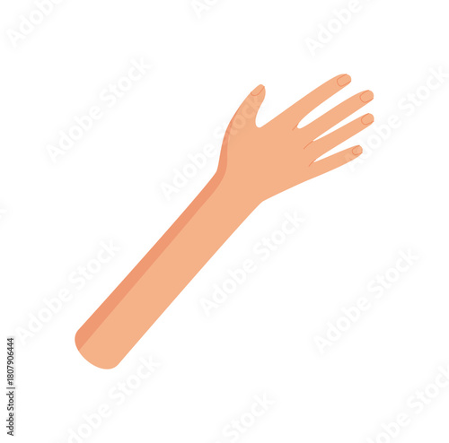 Open hand in cartoon graphic style. Flat arm symbol with extended fingers in abstract and colorful design. Gesture illustration suitable for social concepts, banners, or creative art themes.