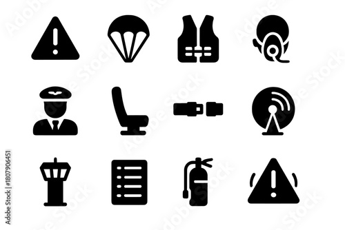 Flight Safety Icons. Flight safety. Solid icon set of Flight safety: warning triangle, parachute, life vest, oxygen mask, pilot, airplane seat, seatbelt,